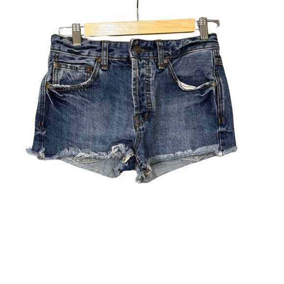 Free People Pants - Free People Mid Rise Denim Shorts Womens Size 24 Blue Distressed Button Fly Boho